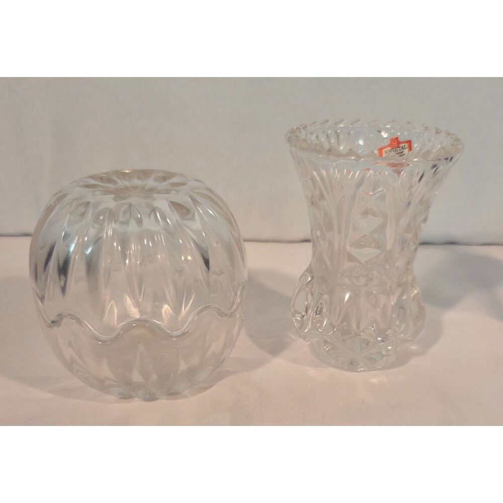 Kristal Crystal Bud Vase & Potpourri Box Set Vintage Cut Glass w Boxes